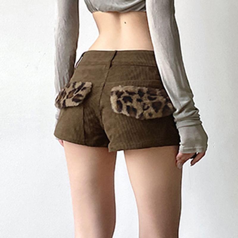 Low Waist Leopard Furry Panel Corduroy Slim-Fit Mini Shorts Product Image