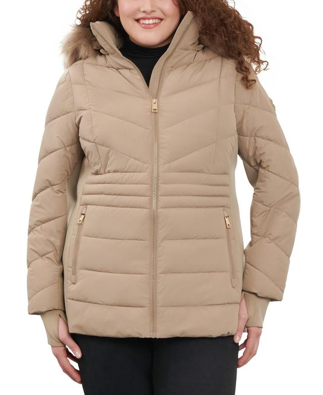 Michael Michael Kors Womens Plus Size Faux-Fur-Trim Hooded Puffer Coat, Created for Macys Product Image