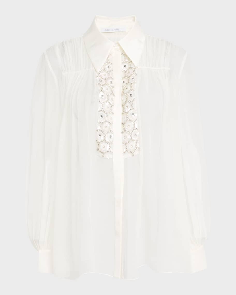 Sequined Sheer Cotton Button-Down Blouse Product Image