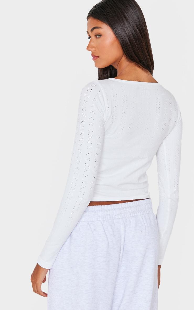 White Contour Pointelle Detail Boatneck Long Sleeve Top Product Image