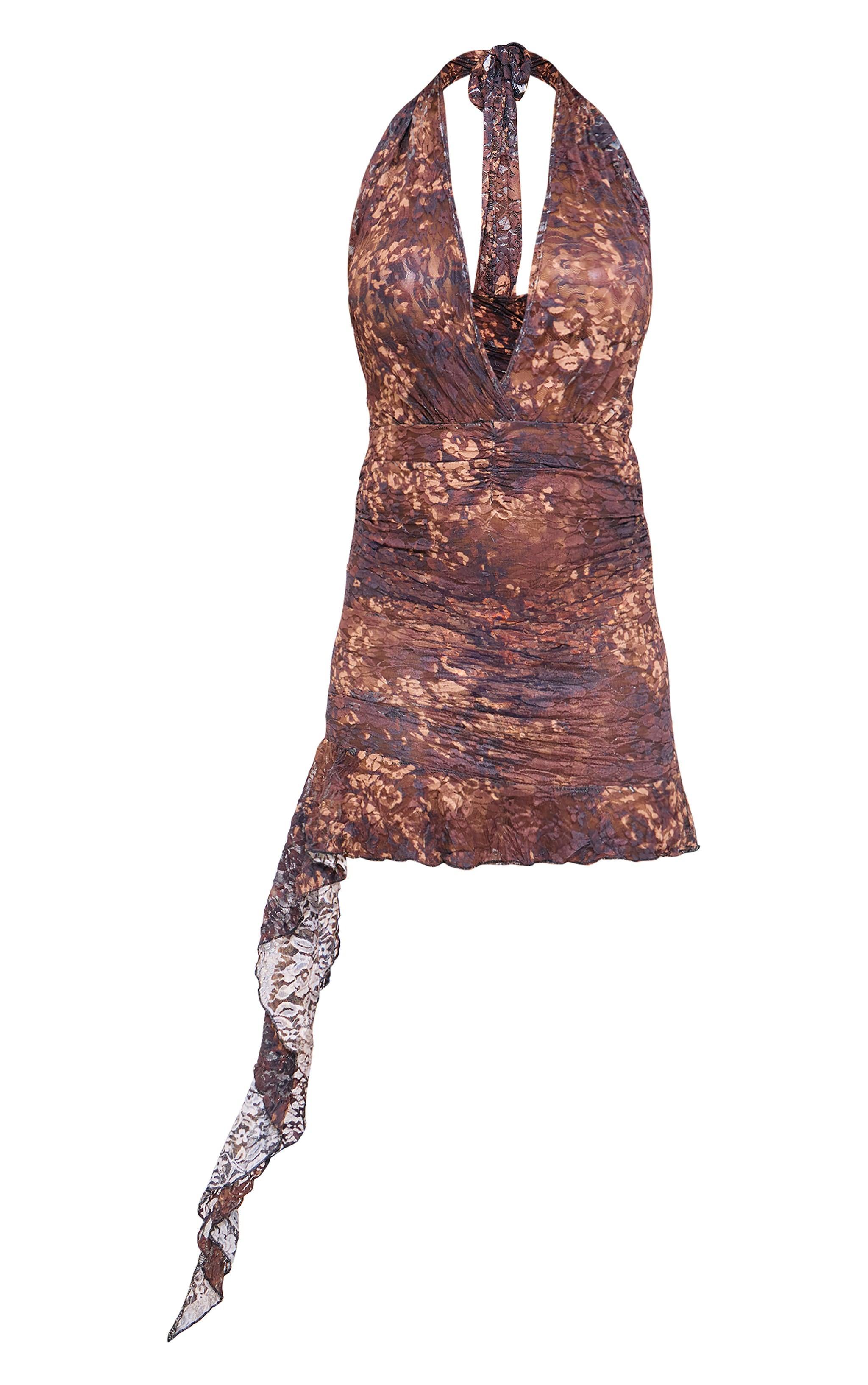 Brown Leopard Print Mesh Halterneck Ruched Mini Dress Product Image