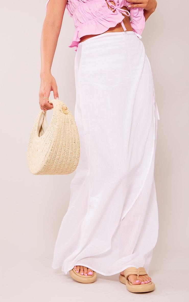 White Sheer Linen Look Wrap Over Maxi Skirt Product Image