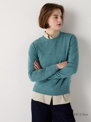 Womens Merino Crew Neck Sweater Green Large UNIQLO US Product Image