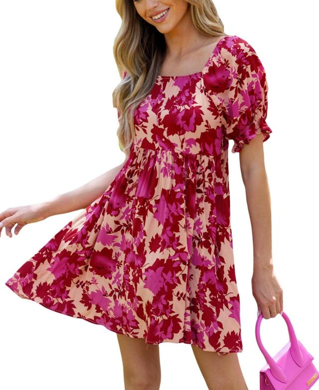 Cupshe Womens Pink & Red Floral Square Neck Ruffle Mini Beach Dress Product Image