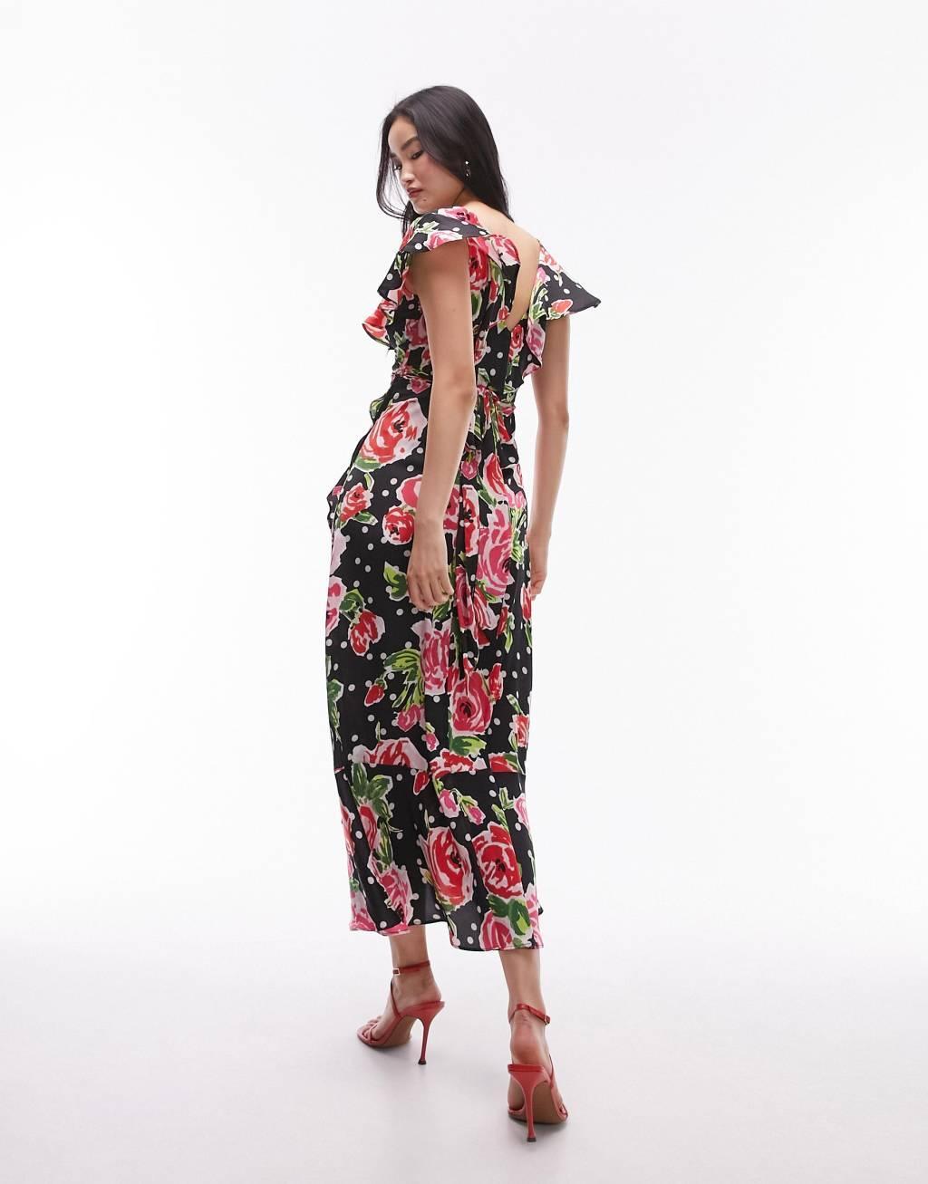 Topshop frill wrap maxi dress in red rose print Product Image