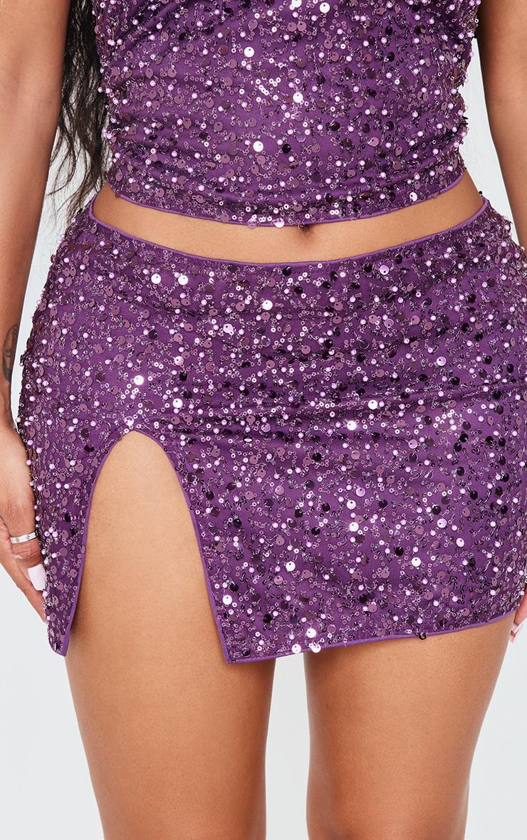 Shape Purple Pearl Sequin Low Rise Side Split Mini Skirt Product Image