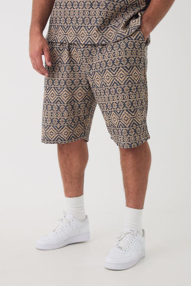 Plus Elasticated Waist Relaxed Jacquard Abstract Shorts | boohooMAN USA Product Image