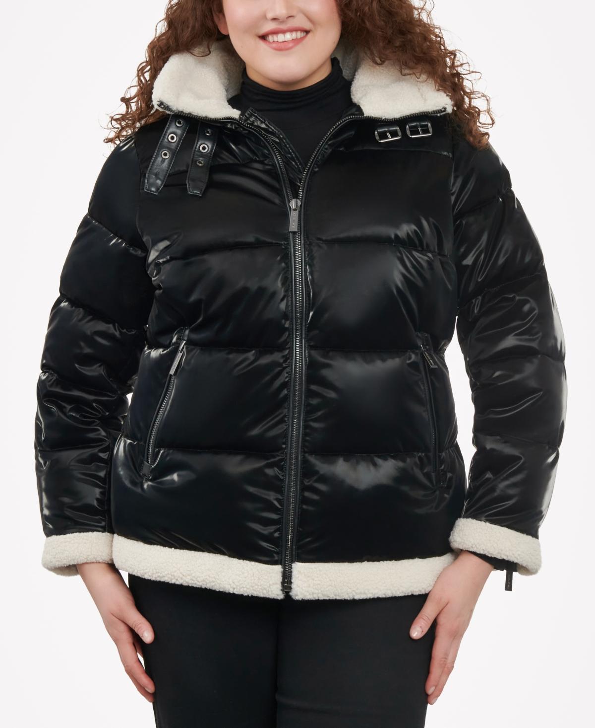 Michael Michael Kors Womens Plus Size Faux-Shearling Shine Puffer Coat, Created for Macys Product Image