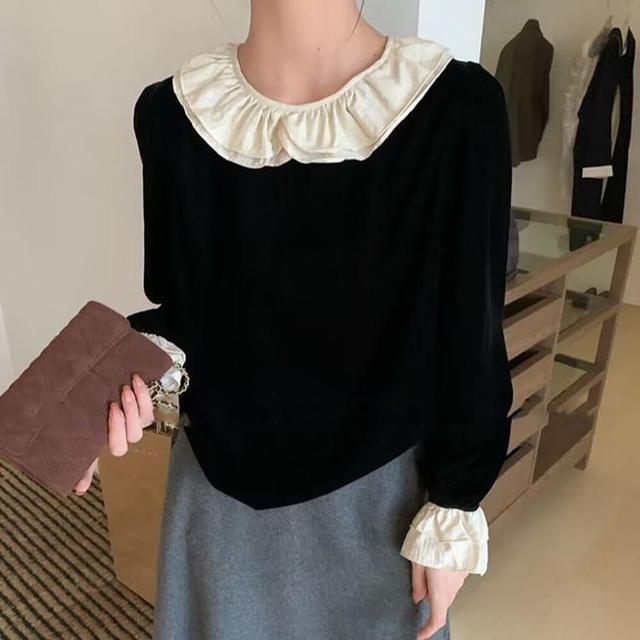 Long Sleeve Collared Two Tone Ruffle Panel Velvet Blouse Product Image