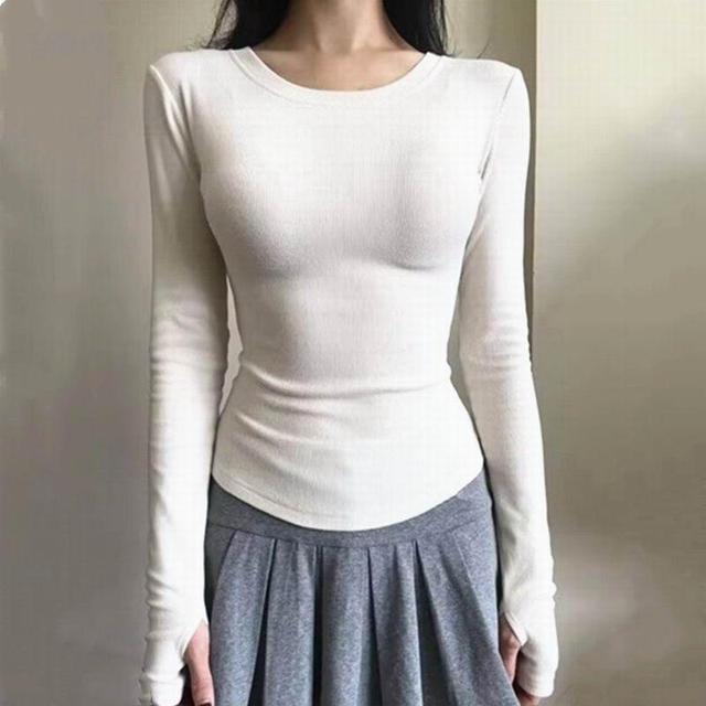 Long-Sleeve Round Neck Plain Slim Fit Tee Product Image