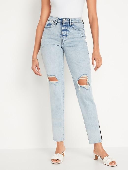 High-Waisted Button-Fly OG Straight Ripped Side-Slit Jeans Product Image