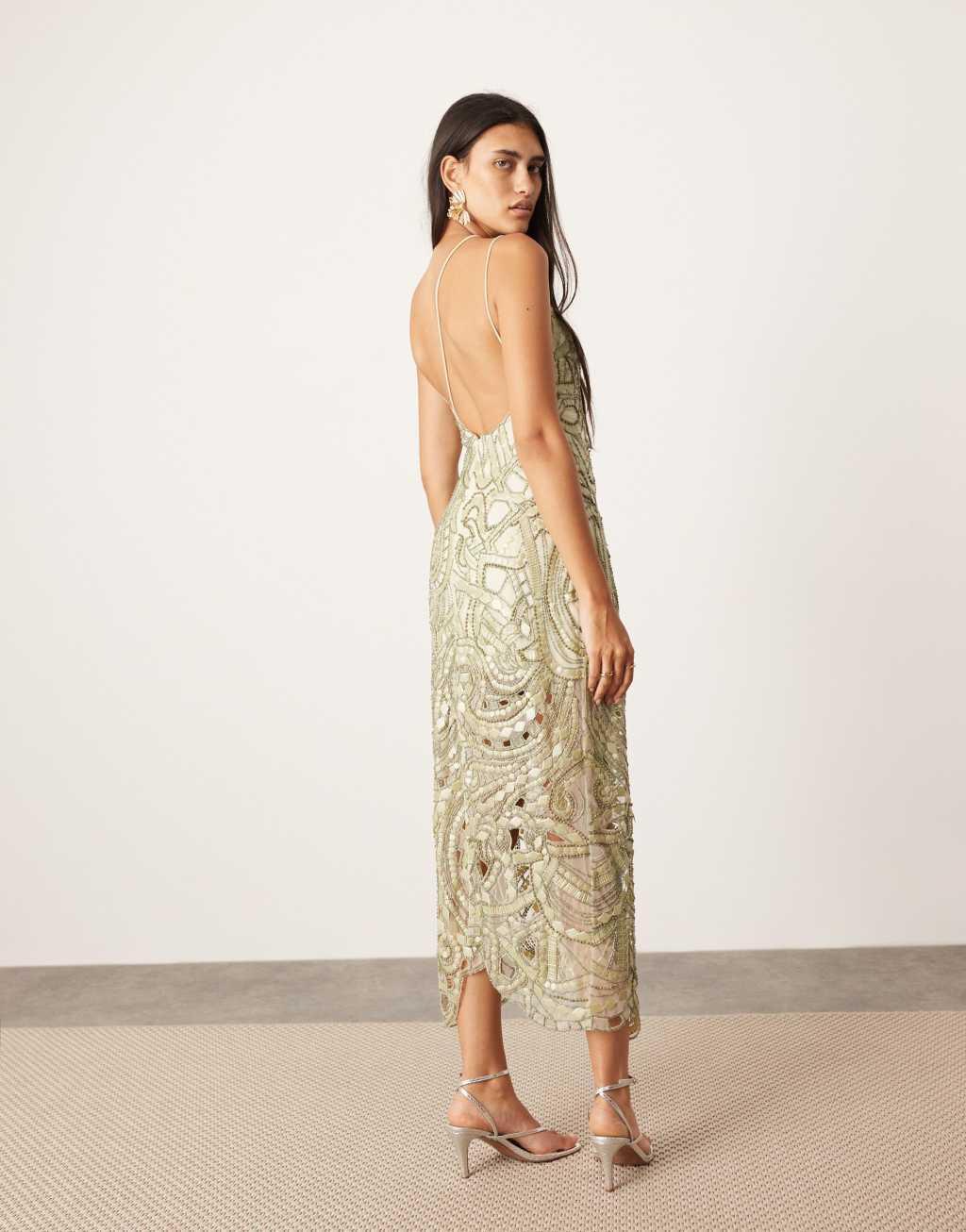 ASOS EDITION mosaic embellished strappy cami midi dress with low back in sage green Product Image