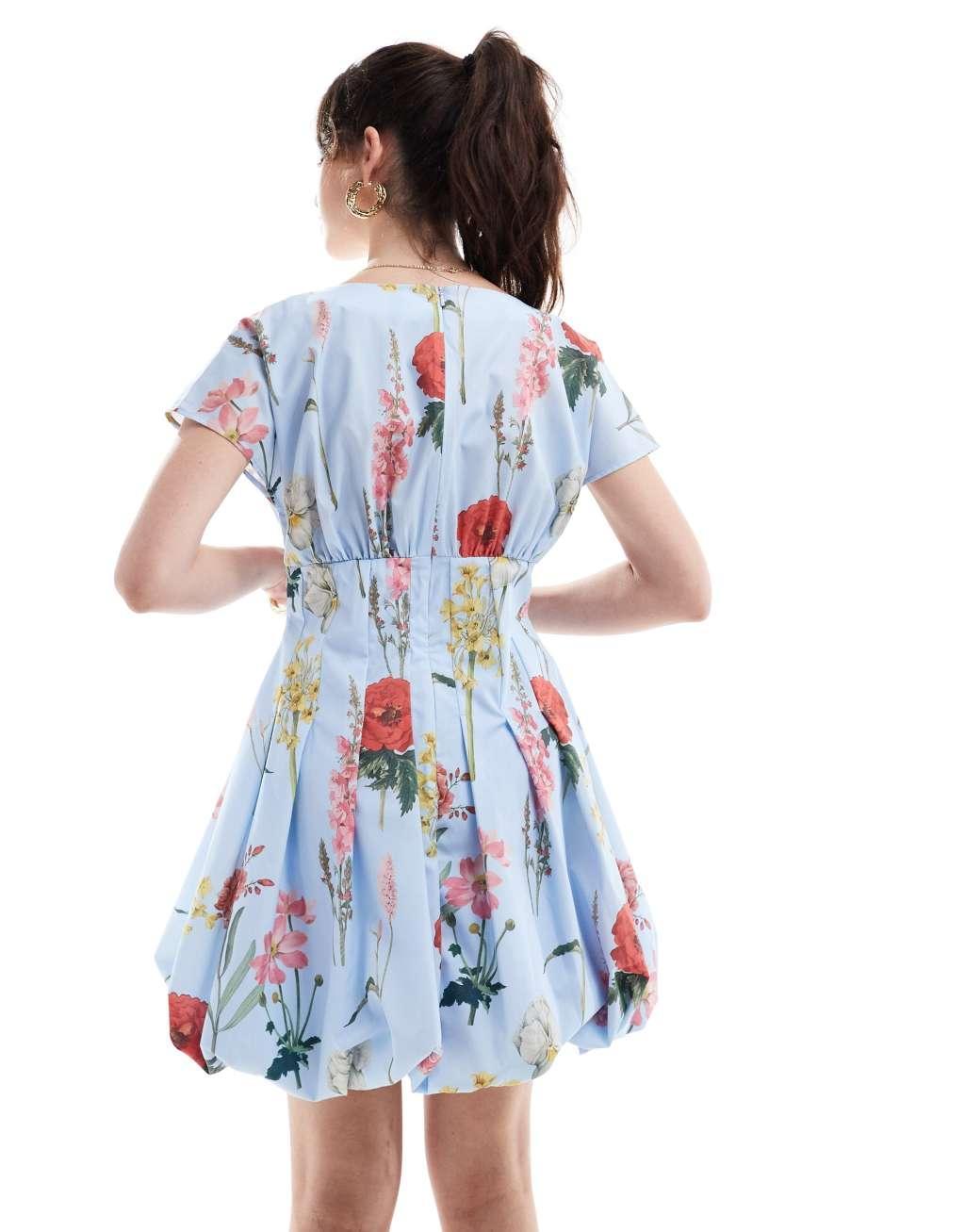 ASOS DESIGN mini short sleeve dress godet skirt in botanical floral print Product Image