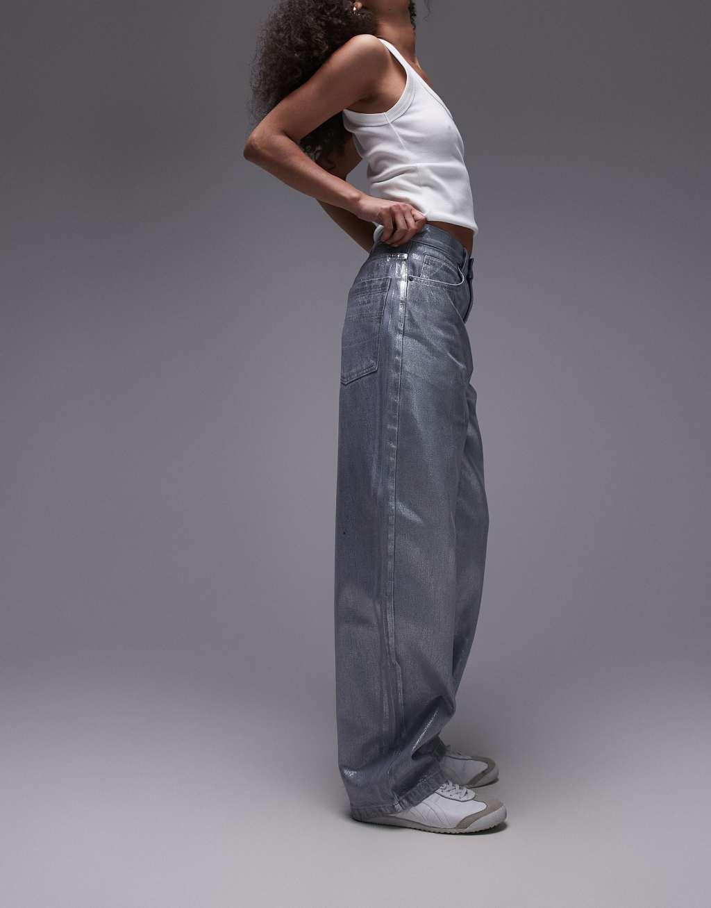 Topshop silver foil high rise baggy jeans in dove gray Product Image