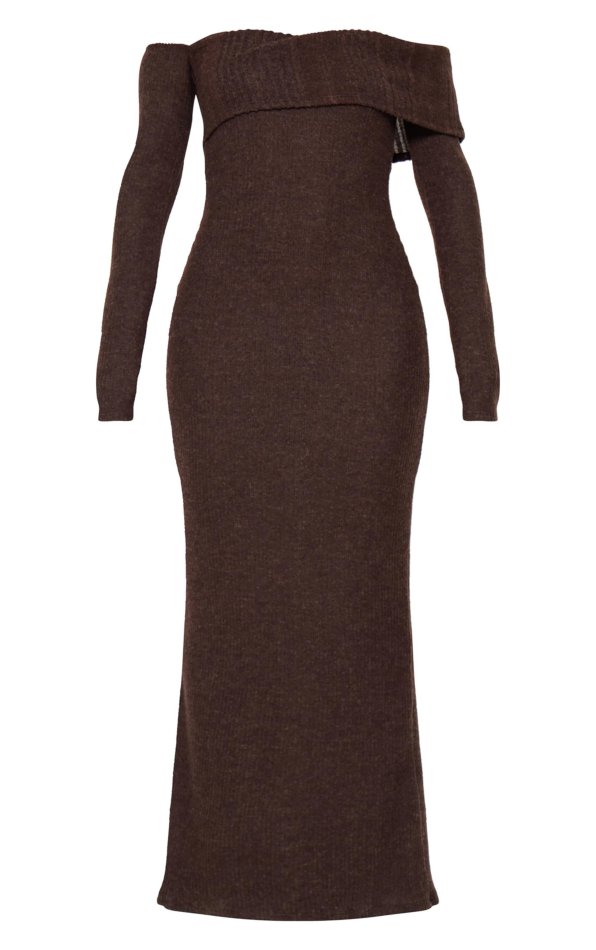 Chocolate Brushed Rib Bardot Maxi Dress Product Image