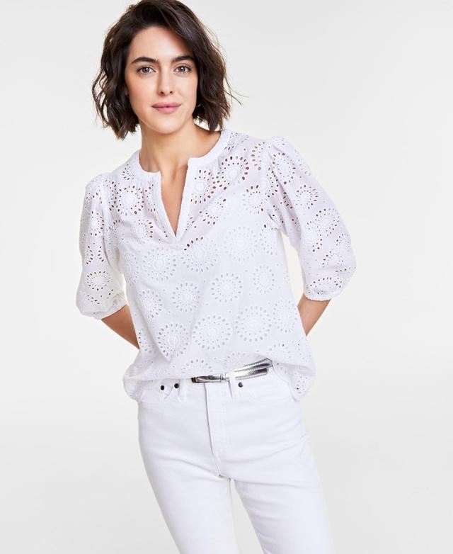 Women's Solid Eyelet Puff-Sleeve Blouse, Created for Macy's Product Image