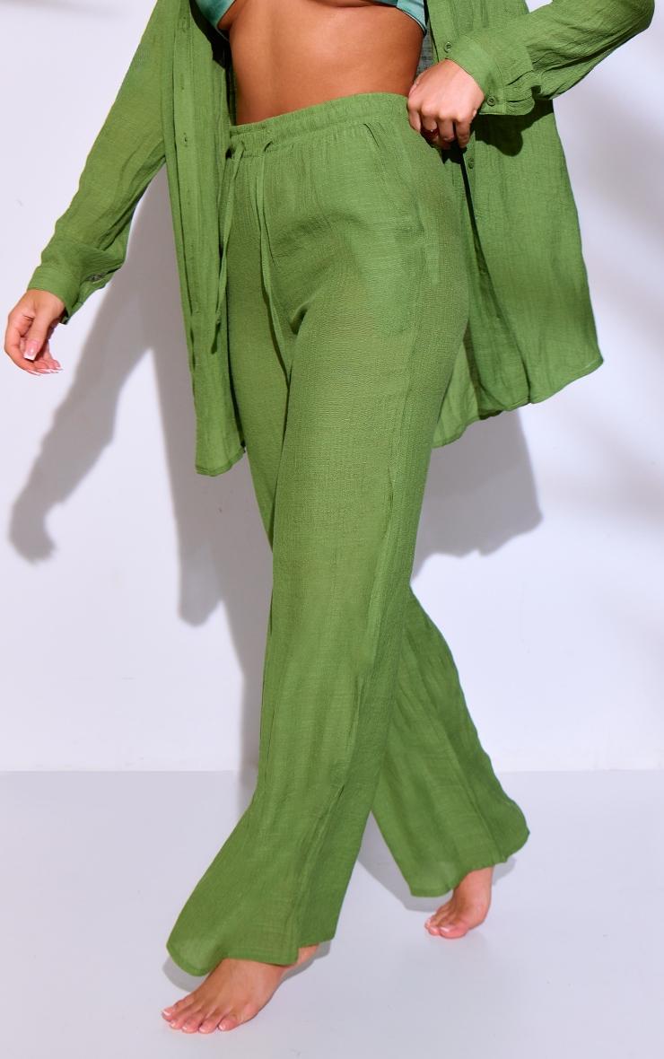 Dark Green Textured Linen Look Drawstring Waist Pants Product Image