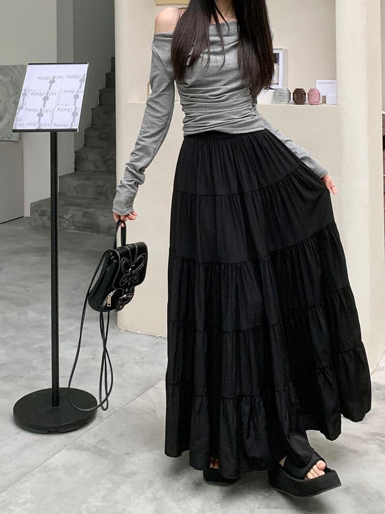 Elastic Waist Plain Tiered Maxi A-Line Skirt Product Image