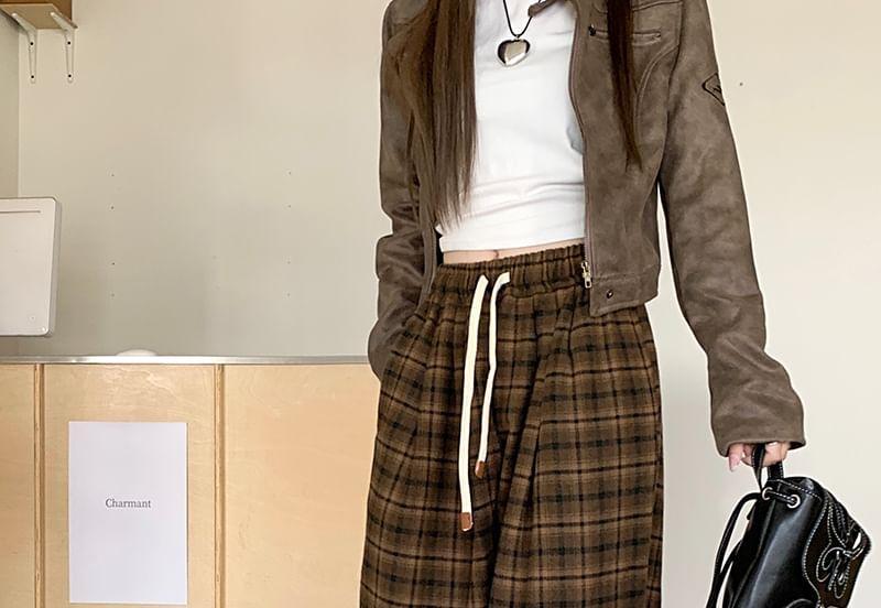 Drawstring Waist Plaid Wide Leg Pants Product Image