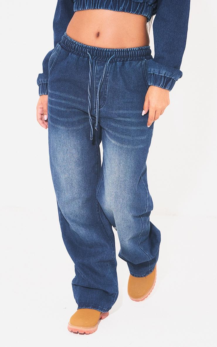 Petite Dark Blue Elasticated Waist Straight Leg Jeans Product Image