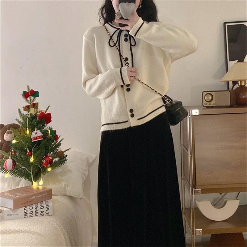 Round Neck Bow Striped Cardigan Product Image