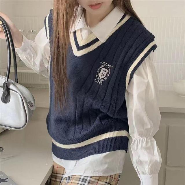 V-Neck Letter Embroidered Ribbed Sweater Vest Product Image