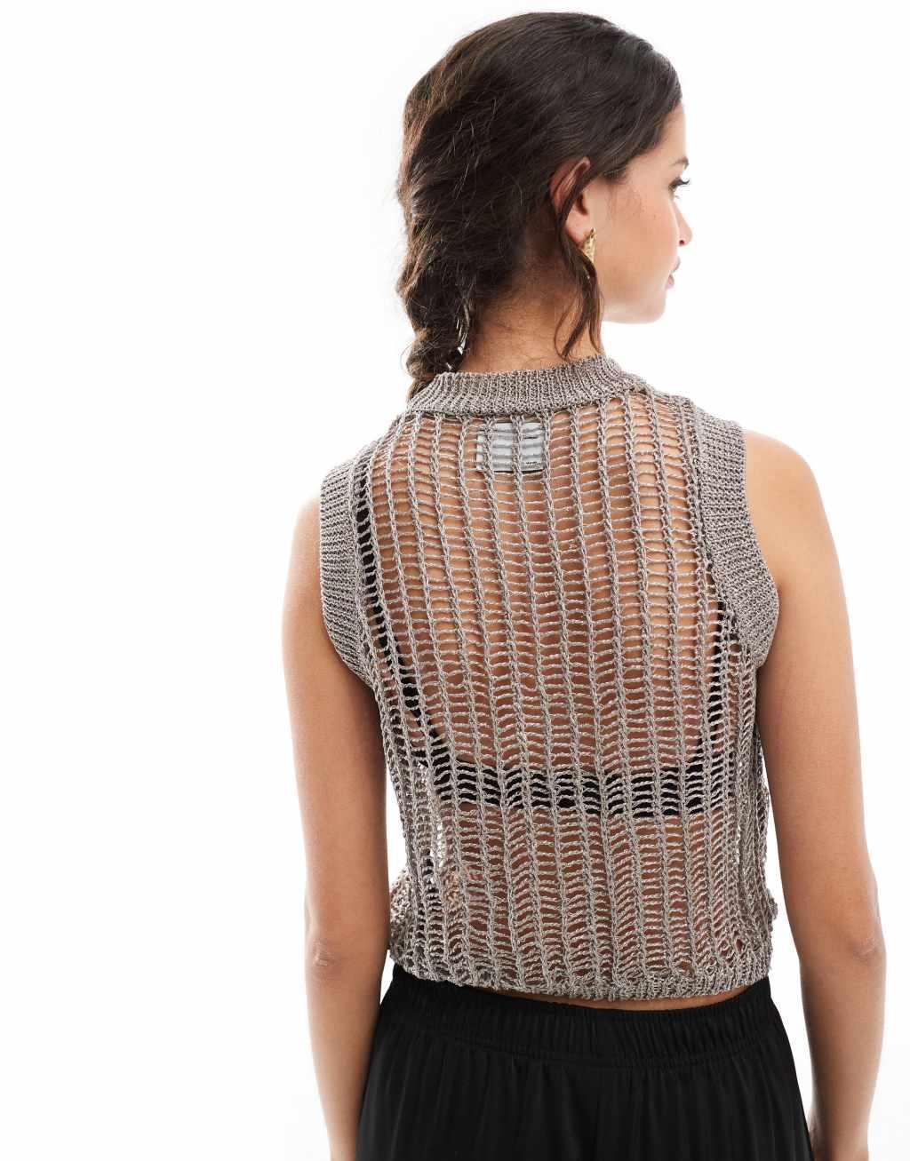 ASOS DESIGN metallic open stitch knitted tank top in silver Product Image