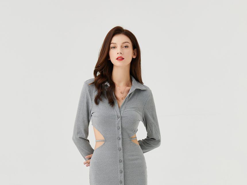 Long-Sleeve Cutout Ribbed Midi Dress Product Image