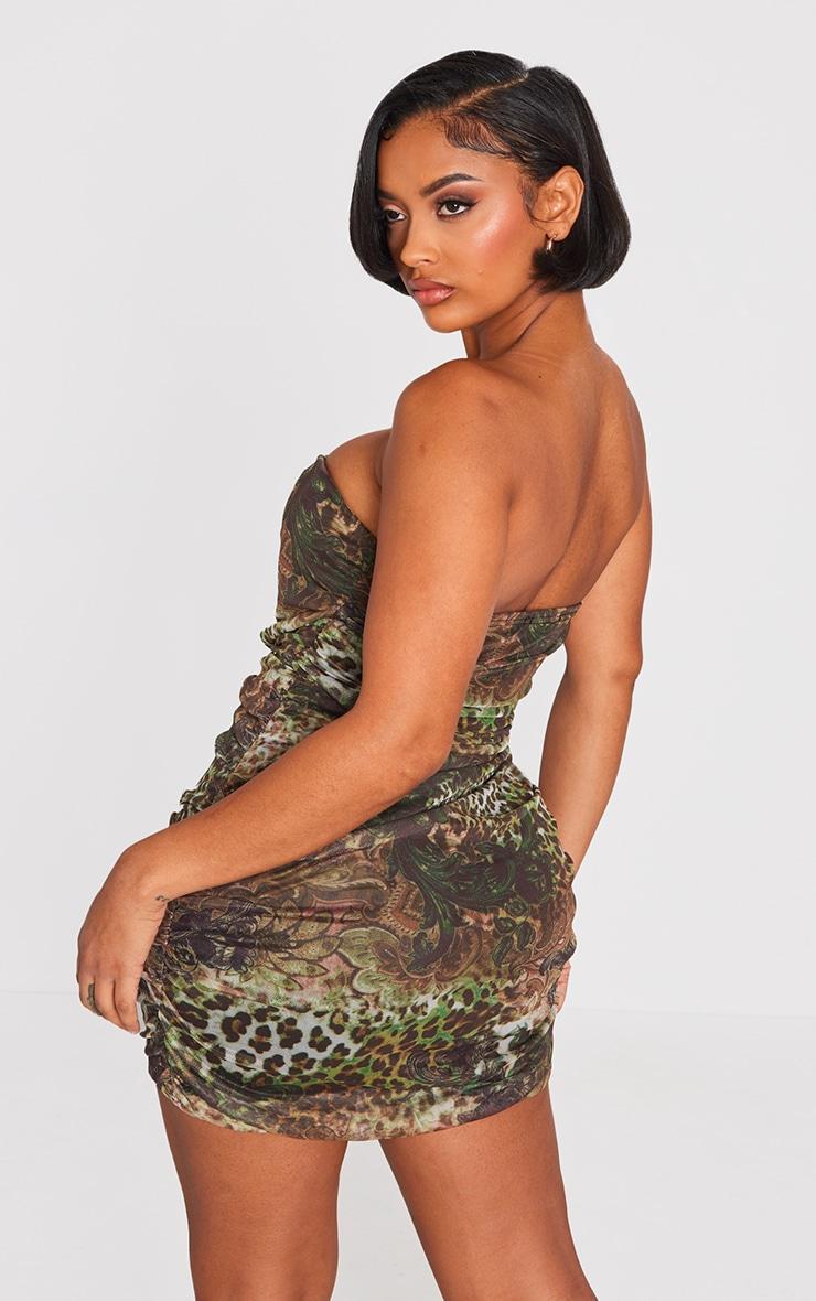 Shape Green Leopard Print Mesh Corset Detail Ruched Bodycon Dress Product Image