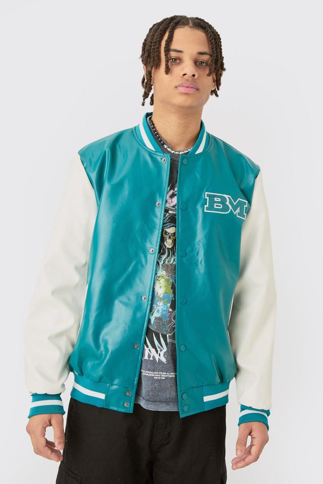 PU Badge Varsity Jacket In Teal | boohooMAN USA Product Image