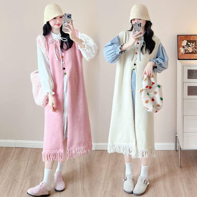 Maternity Sleeveless Slit Hem Pom Pom Knit Maxi A-Line Dress / Long-Sleeve Plain Shirt Dress Product Image