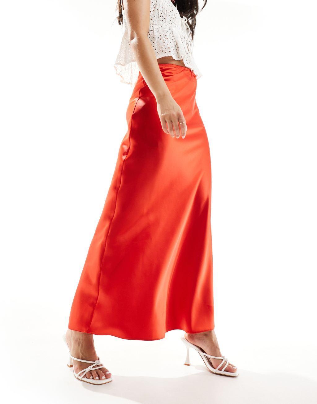 Miss Selfridge satin trim detail bias maxi skirt in red Product Image