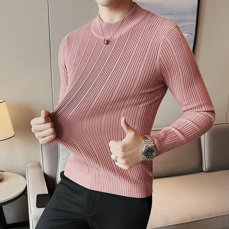 Long Sleeve Mock Neck Plain Ribbed Knit Top Product Image