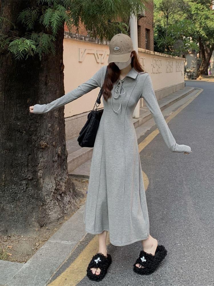 Long-Sleeve Collared Plain Knit Maxi A-Line Dress Product Image