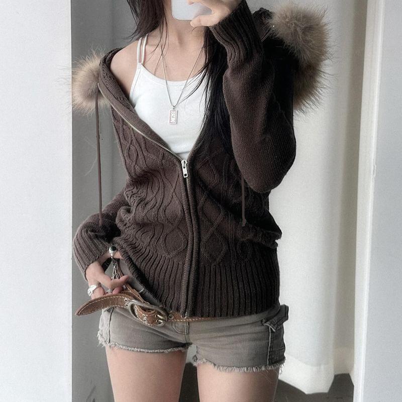 Fluffy Trim Hooded Cable Knit Zip Cardigan / Button Fly Washed Wide Leg Jeans Product Image