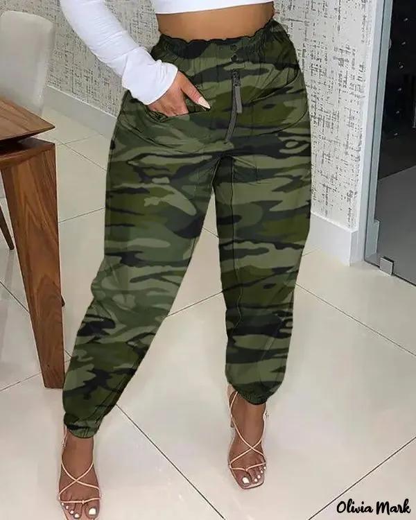 Olivia Mark – High-waisted cargo pants with zipper and camouflage print product image