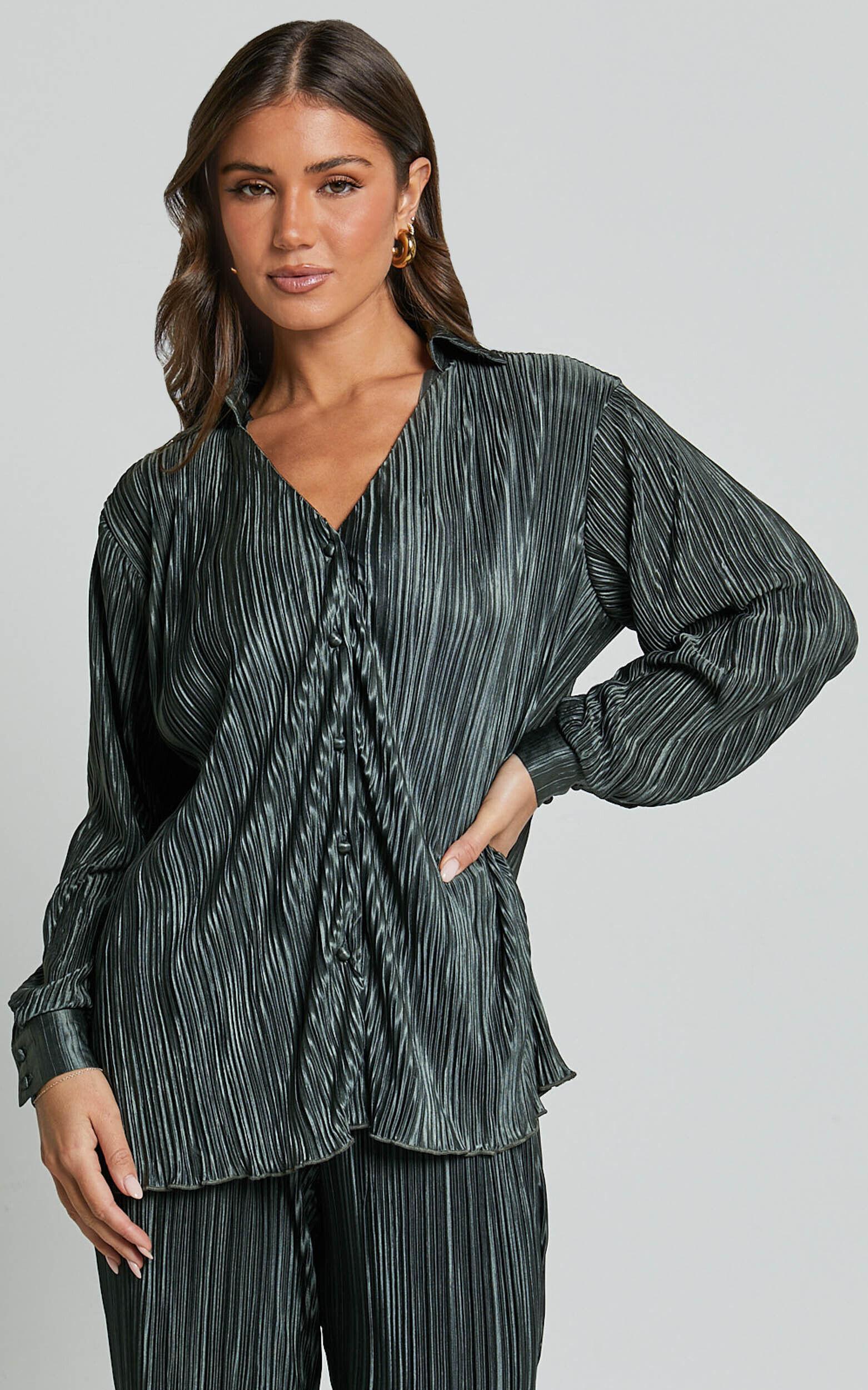 Beca Shirt - Plisse Button Up Shirt in Olive Product Image