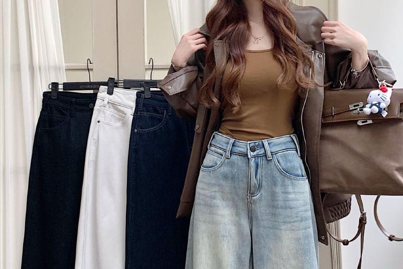 Fleece-Lined High-Waist Wide-Leg Jeans Product Image