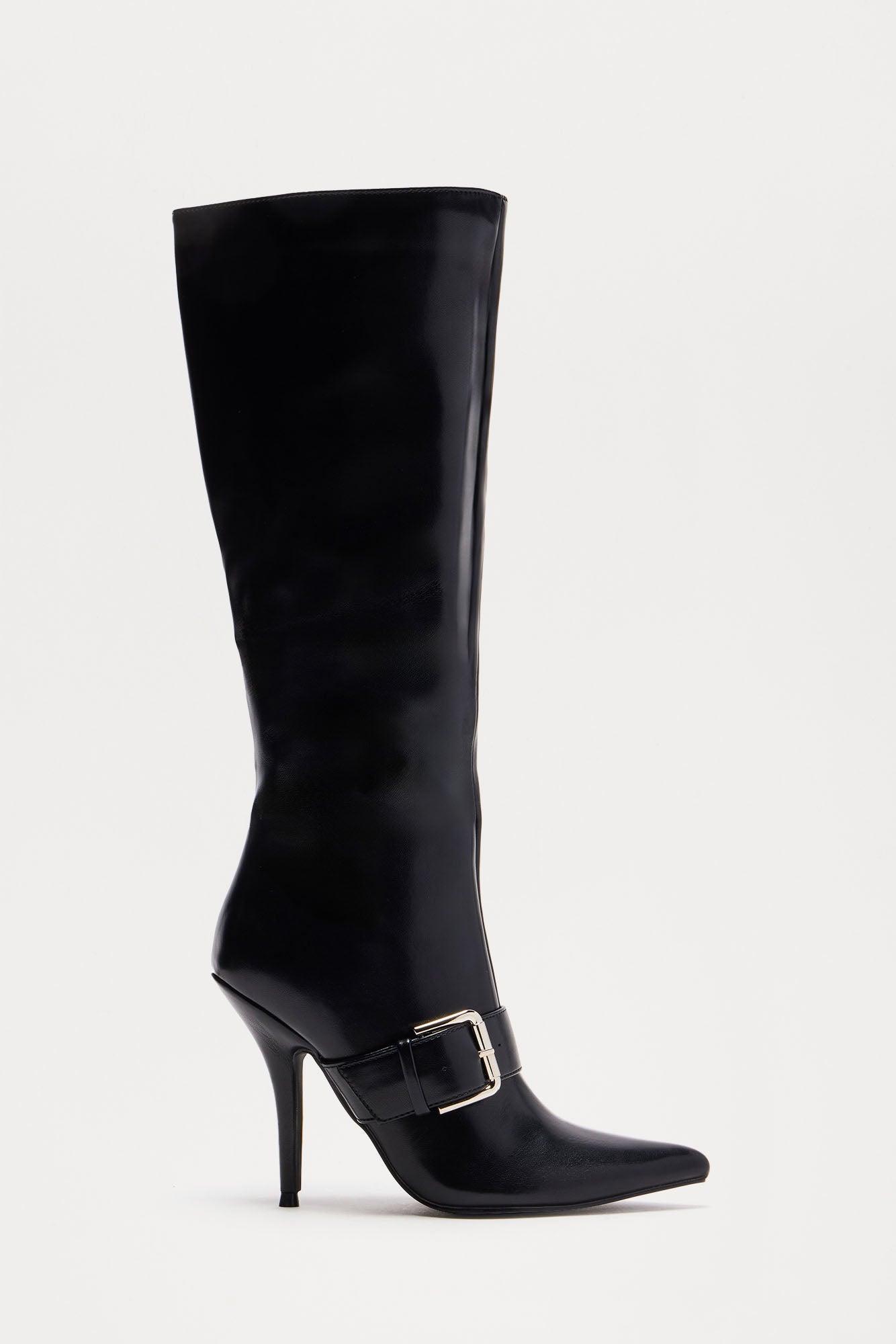 Berlin Buckle Knee High Boots - Black Product Image