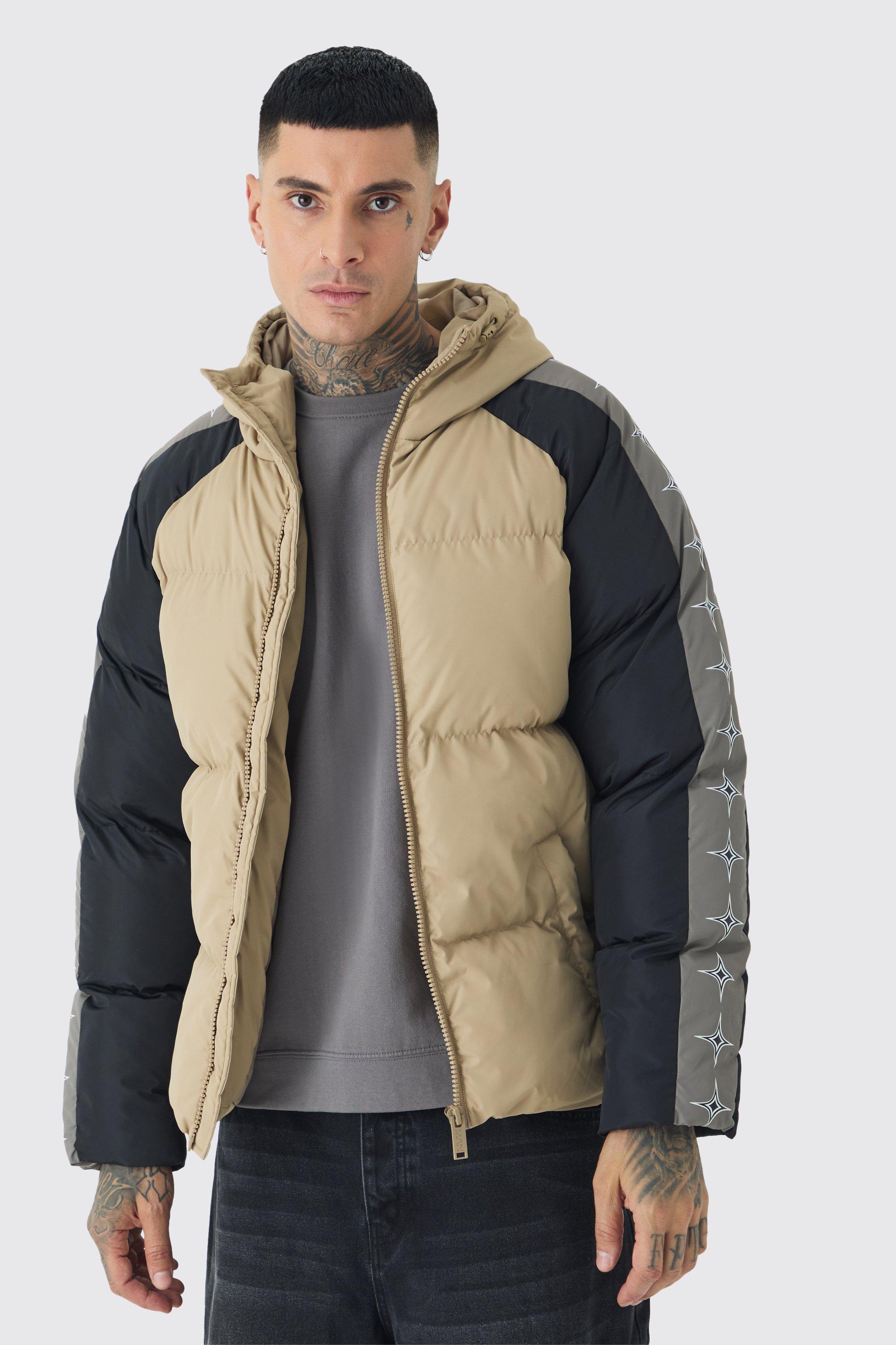 Tall Worldwide Hooded Colour Block Puffer Jacket In Stone | boohooMAN USA Product Image