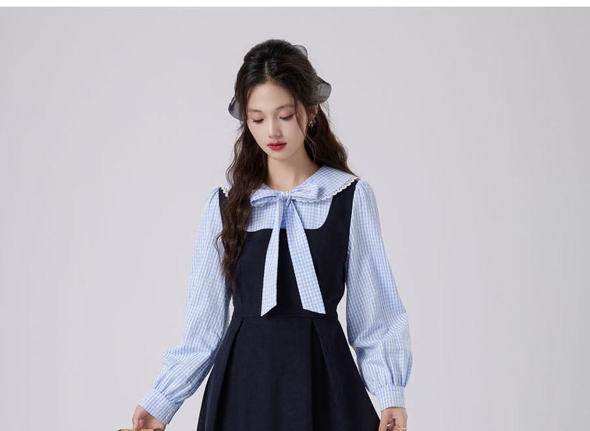 Long Sleeve Collared Plaid Bow Mock Two Piece Midi A-Line Dress Product Image