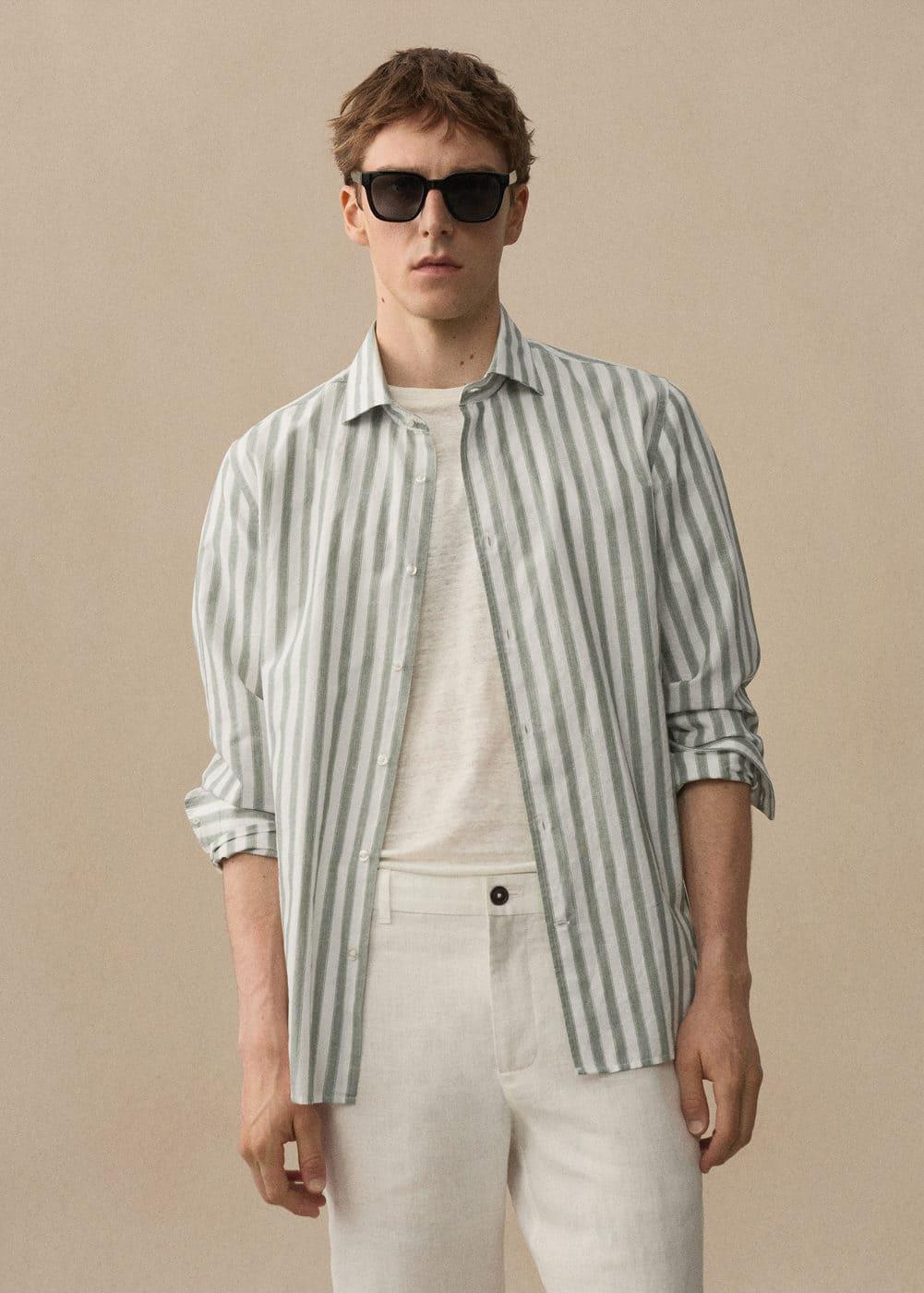 MANGO MAN - Regular fit striped cotton shirt greenMen Product Image