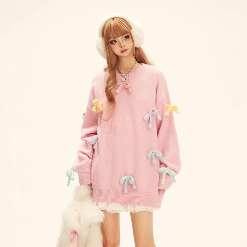 Crew Neck Bow Detail Oversized Sweater Product Image