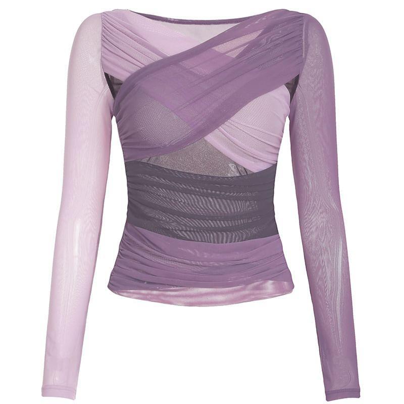 Long Sleeve Off-Shoulder Color-Block Mesh Ruched Slim-Fit Top Product Image