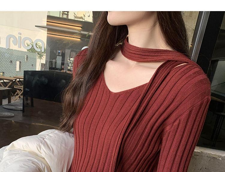 Long-Sleeve V-Neck Ribbed Plain Knit Top Product Image