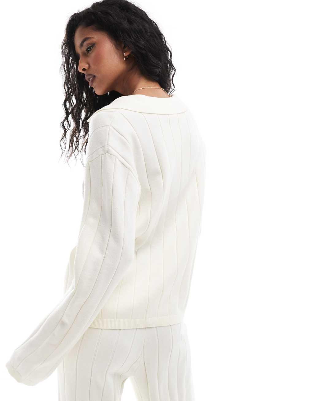 YAS wide rib knitted sweater with open polo neck in cream - part of a set Product Image