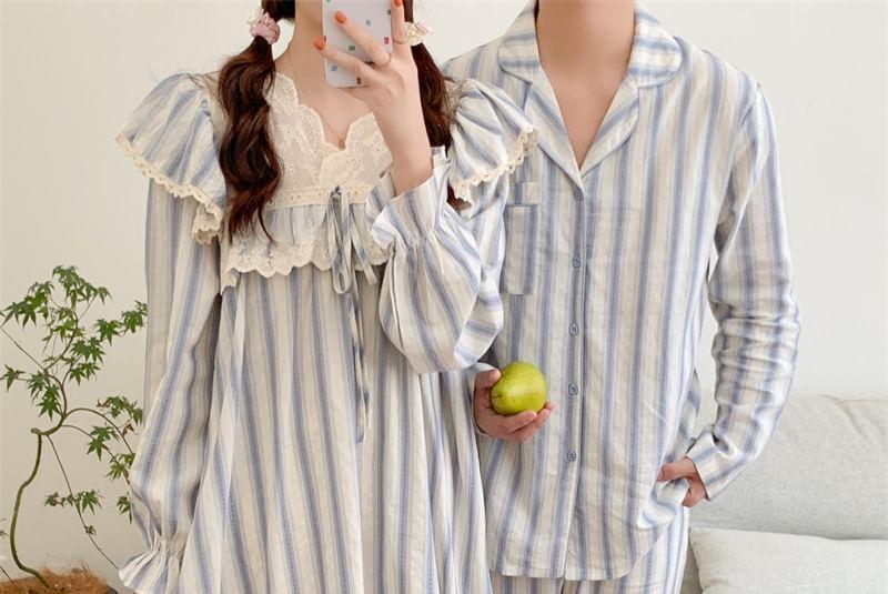 Couple Matching Long-Sleeve Striped Lace Trim Pajama Top / Pajama Dress / Pants / Shirt / Set Product Image