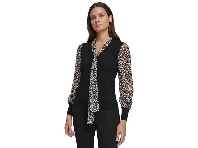 Tommy Hilfiger Long Sleeve Mixed Media Top with Tie (Black/Sand) Women's Clothing Product Image