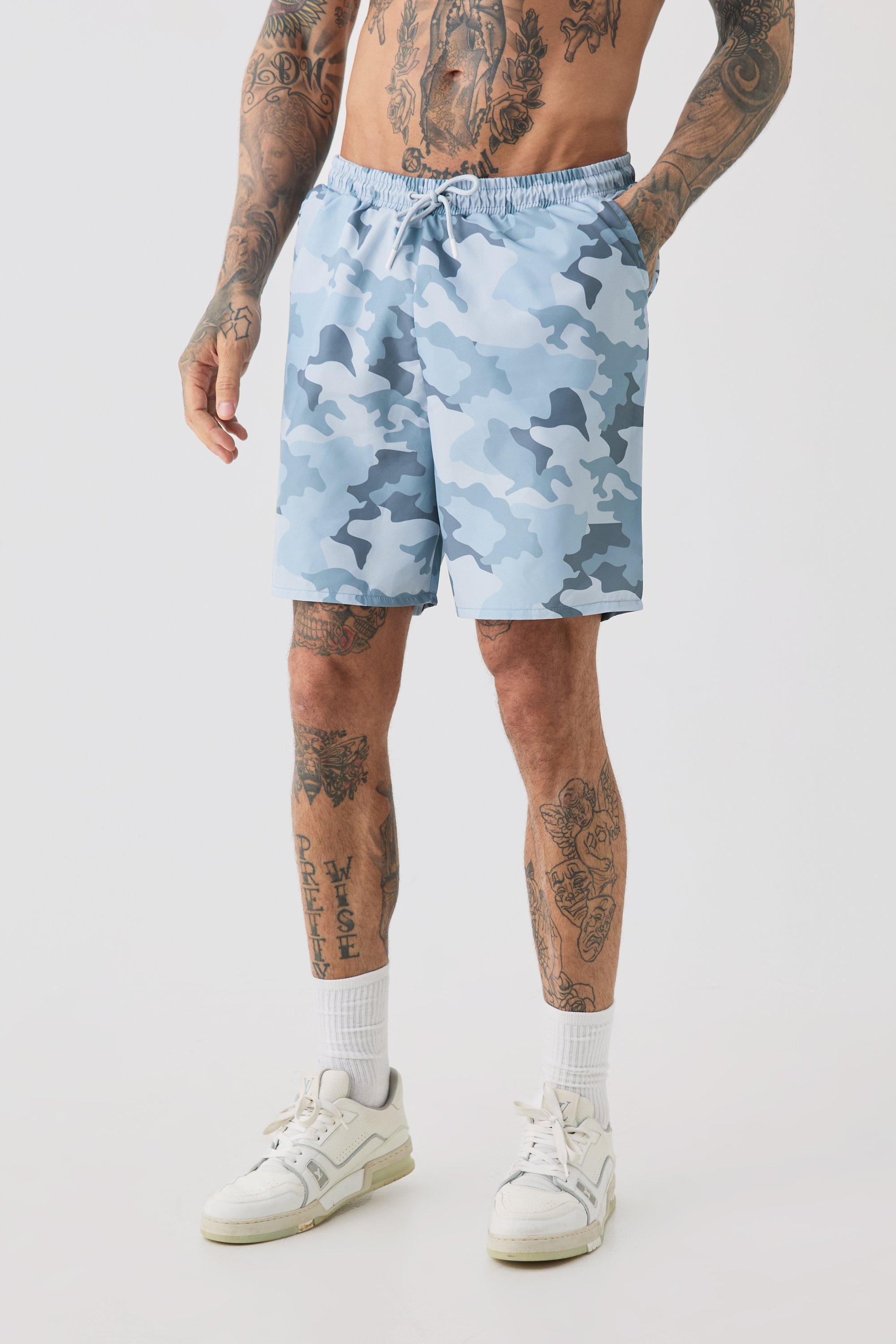 Tall Grey Camo Printed Swim Shorts | boohooMAN USA Product Image