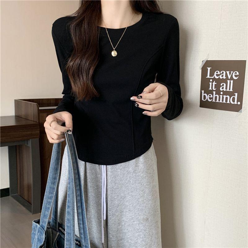 Long-Sleeve Crewneck Plain Crop Top Product Image